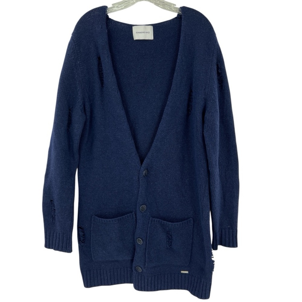 HAMAKI-HO Lana Navy Blue Wool Blend Cardigan Long Grandpa Sweater SZ L